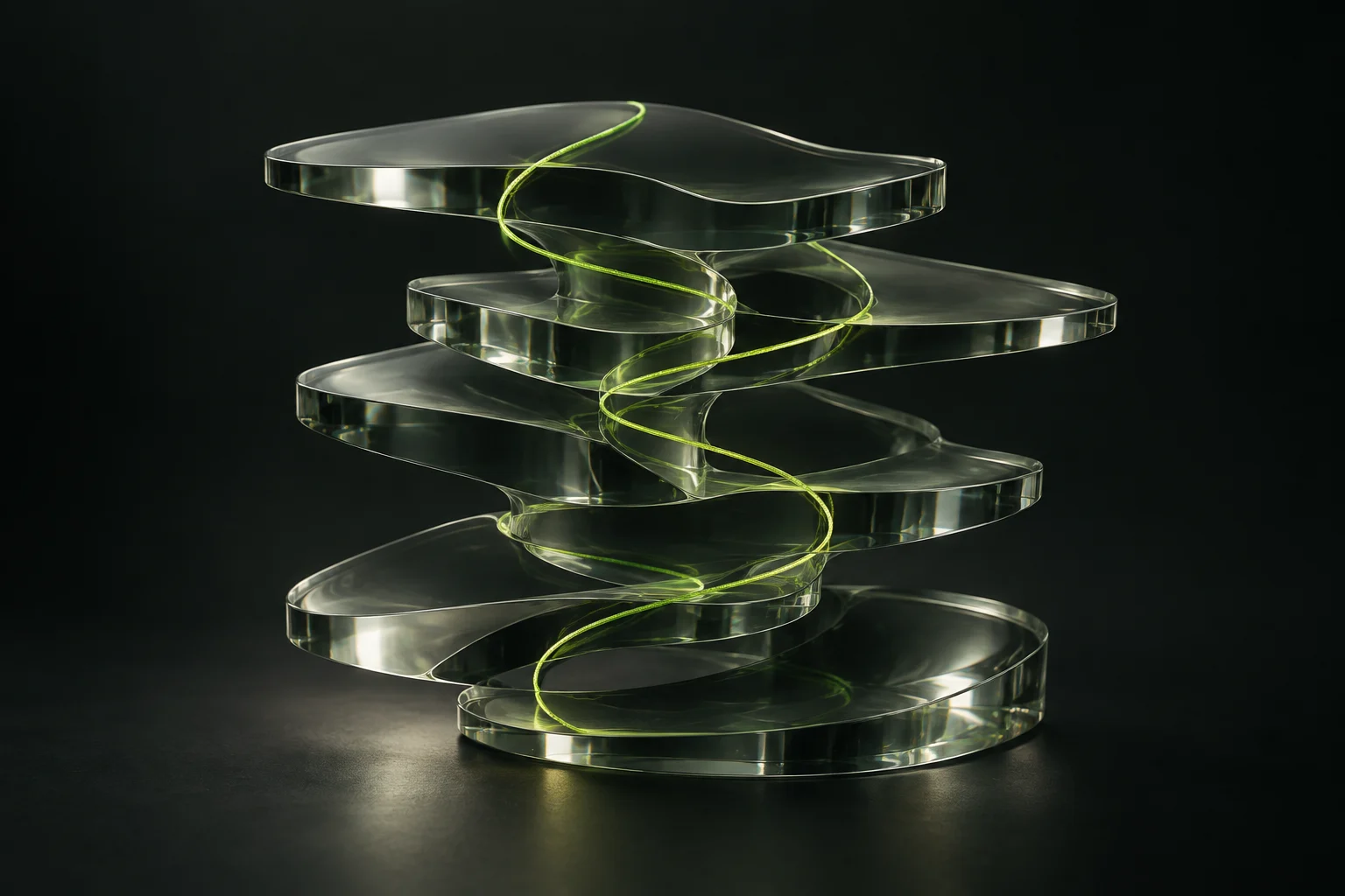 Composición abstracta de láminas de vidrio conectadas por una línea luminosa.